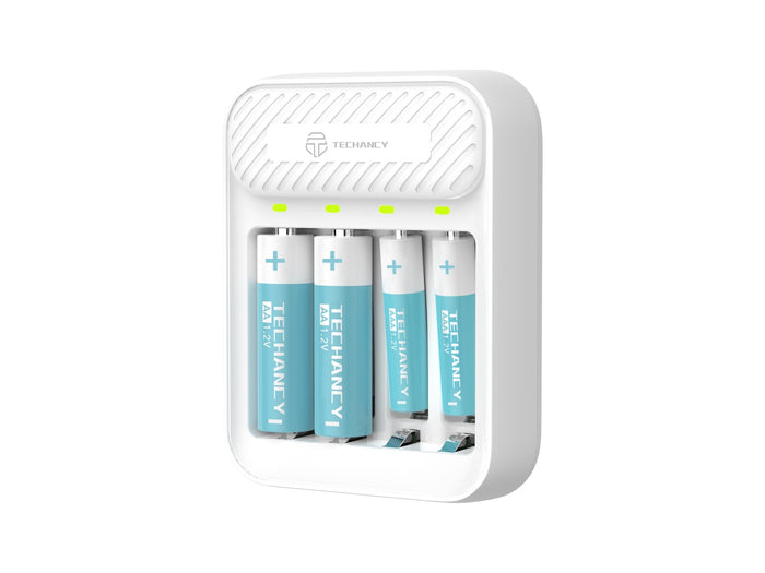 Hvid Techancy MM5420 batterioplader med 4 pladser til AA/AAA Ni-MH på 1,2 V med LED