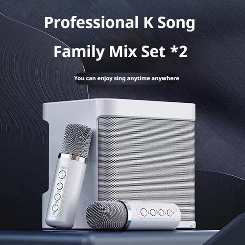 Hvid bærbar karaokehøjttaler med to mikrofoner
