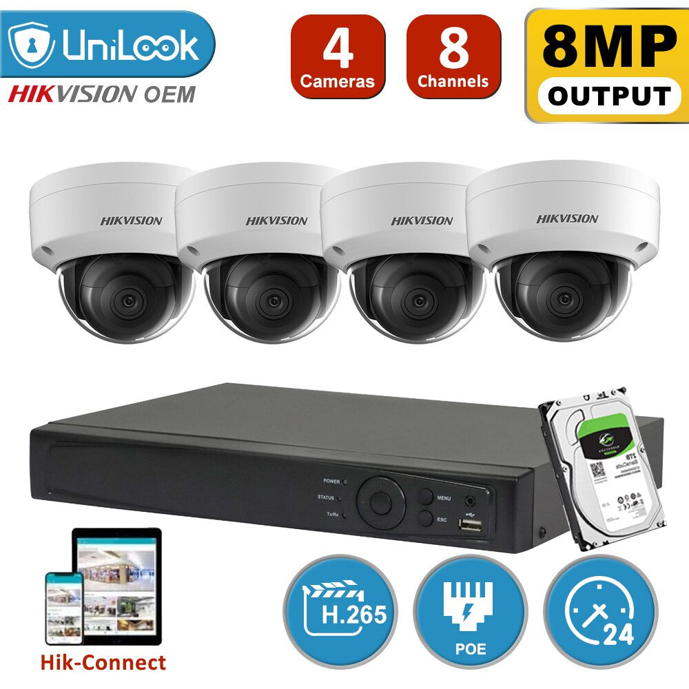 Hikvision 4K IP-videoovervågningssæt på 8 MP med PoE, DS-2CD2185FWD-IS