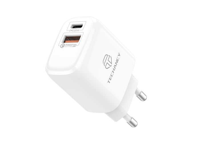 Hvid Techancy TA2801 oplader på 20 W med PD- og QC 3.0-hurtigopladning