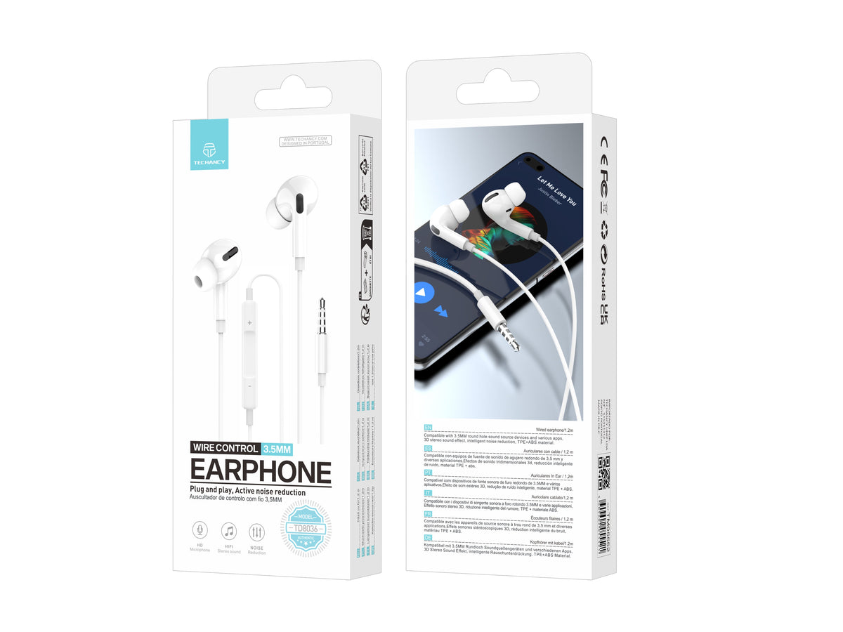White Techancy TD8036 wired 3.5 mm earphones with microphone
