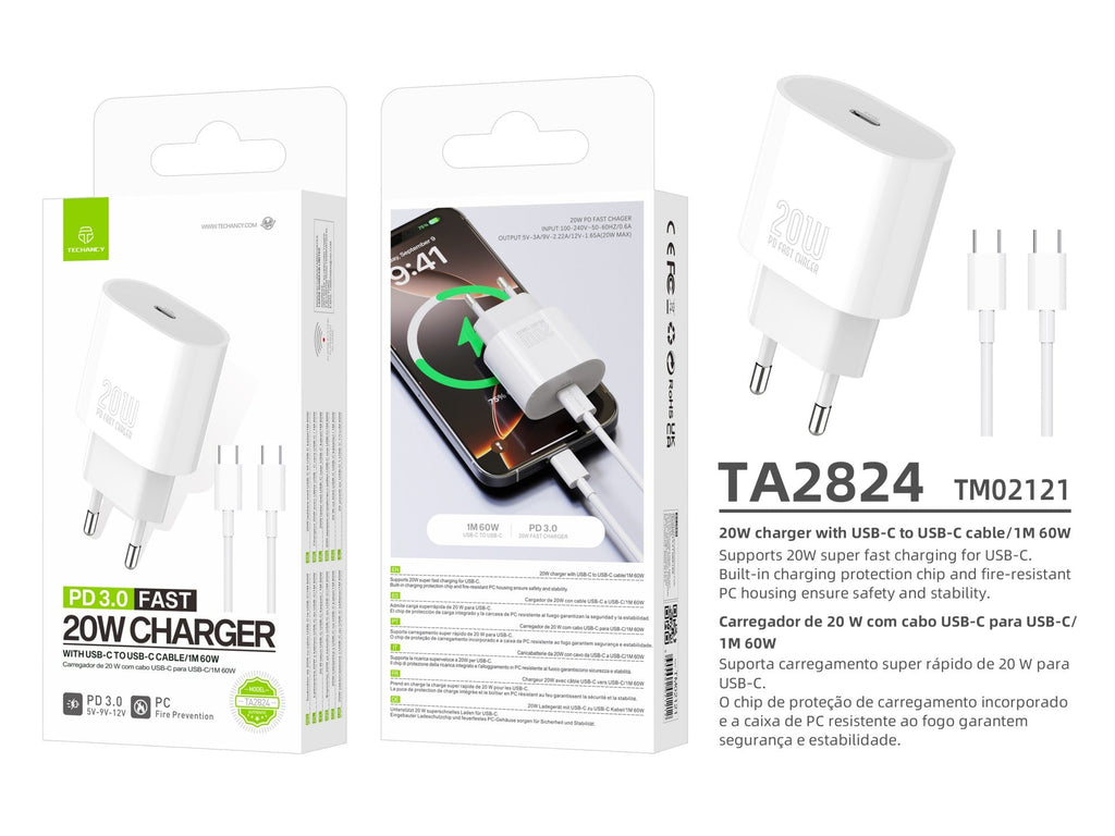 Chargeur USB-C Techancy TA2824 PD 3.0 de 20 W avec câble USB-C