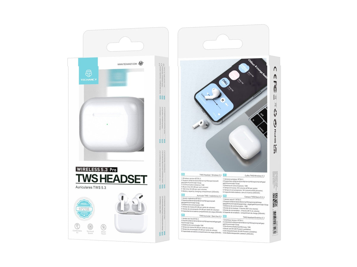 White Techancy TWS KP2708 Bluetooth 5.3 earbuds, up to 5 h playback