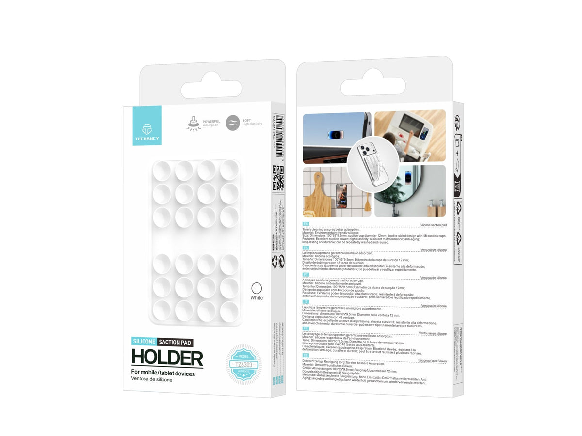 Hvid Techancy TZ6303 silikoneholder med sugekopper til mobil og tablet