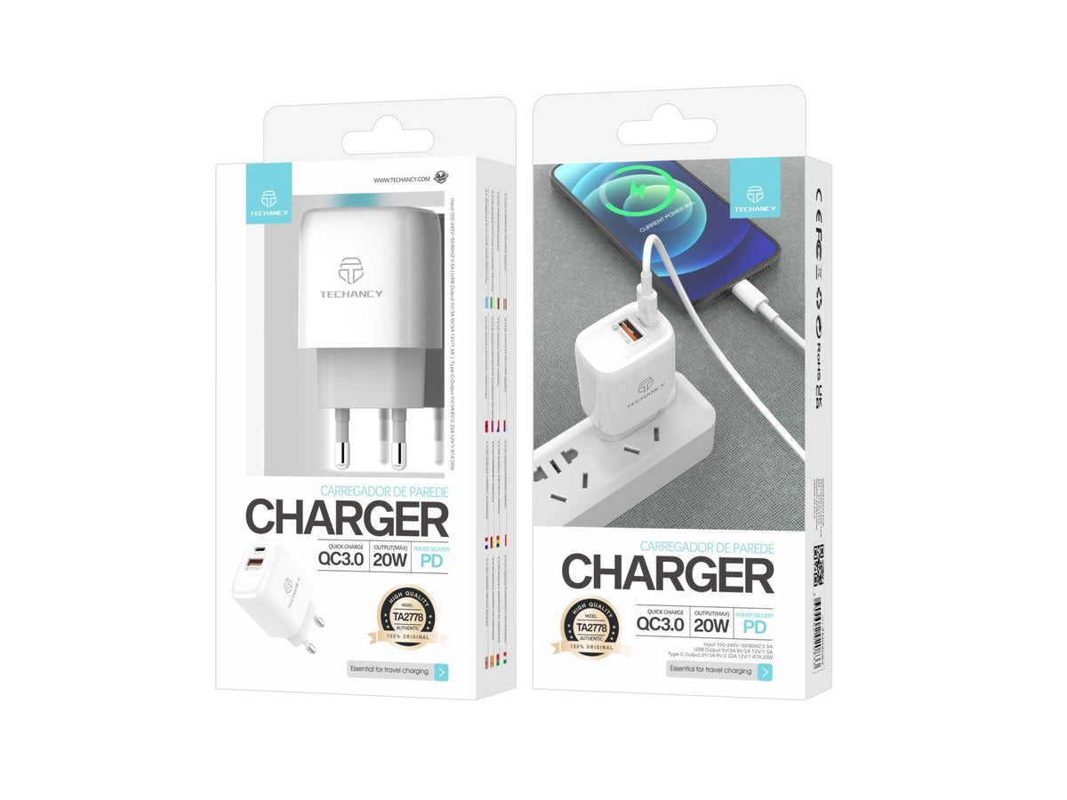 White Techancy TA2801 20 W charger with PD and QC 3.0 fast charging