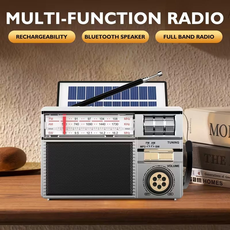 Bærbar multifunktionsradio med FM/AM/Bluetooth/solceller